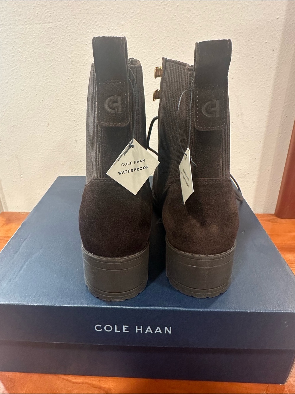 Cole Haan Dark Brown Suede Lace-Up Combat Boots with Gold Hardware - Picture 4 of 5